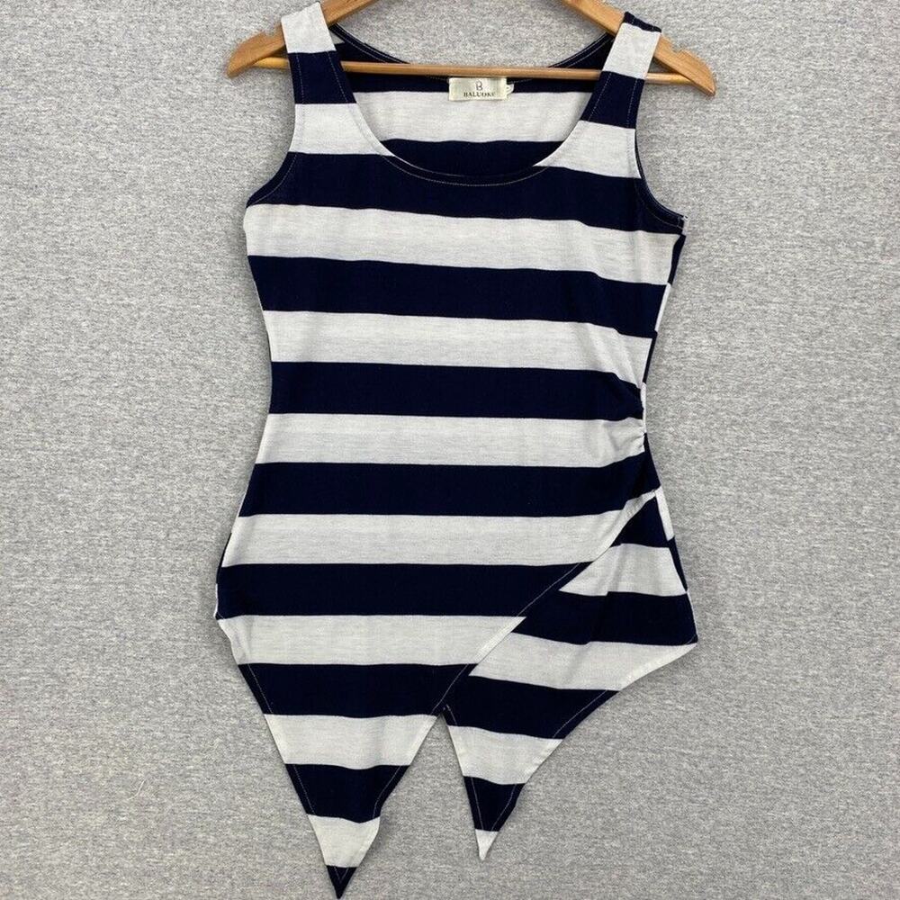Baluoke Top Womens Medium Black White Striped asymmetrical Back Hem Sleeveless